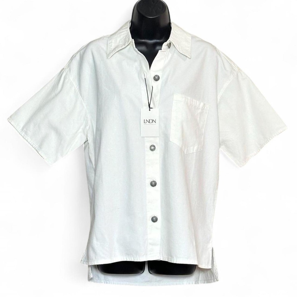 NWT! LNDN London Denim collared cream denim button short sleeve organic cotton
